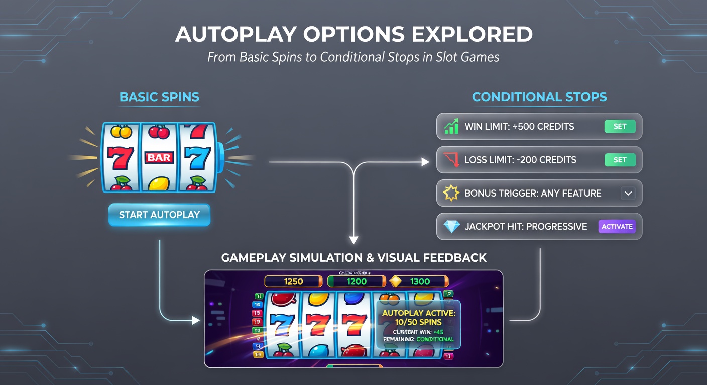 Detailed view of advanced autoplay menu in a slot game, highlighting conditional stop options like win limits, loss thresholds, and feature triggers