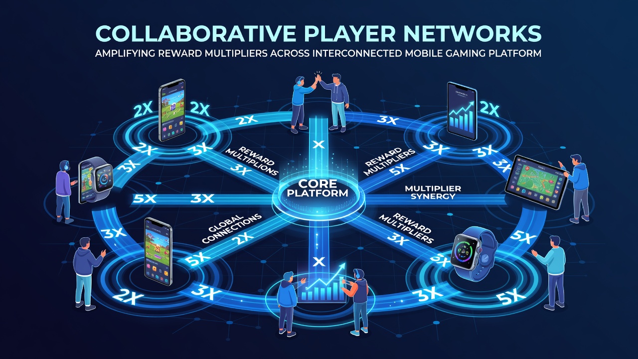 Mobile devices displaying synchronized reward multipliers in a collaborative gaming network