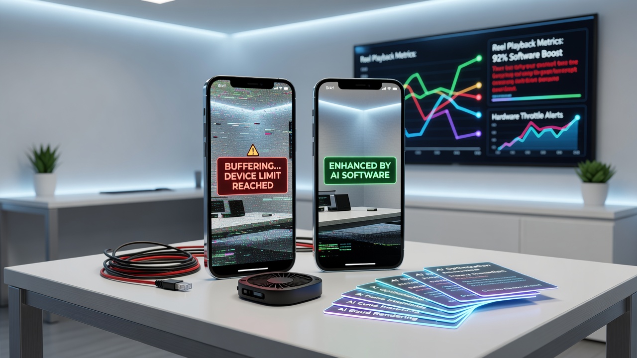 Split view comparing high-end and budget smartphone displays running the same slot game with different visual settings