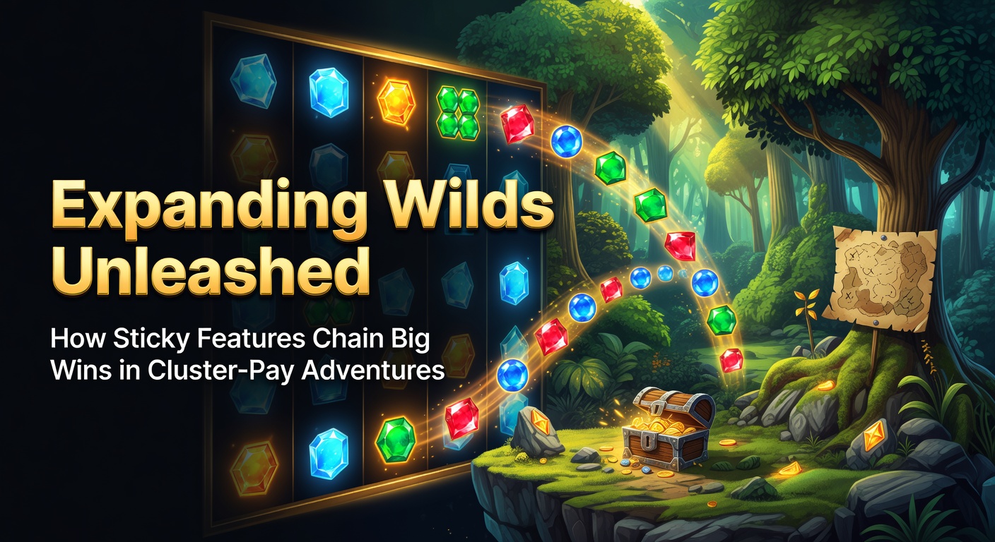 Vibrant slot screen showing expanding wild symbols covering multiple reels in a cluster-pay grid, with sticky wilds locking in place for chained wins