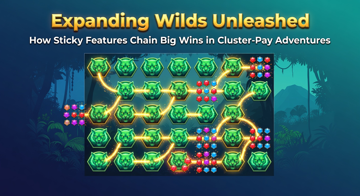 Close-up of a cluster-pay slot bonus round with sticky expanding wilds chaining multiple respins, symbols cascading and multipliers stacking for a massive payout display