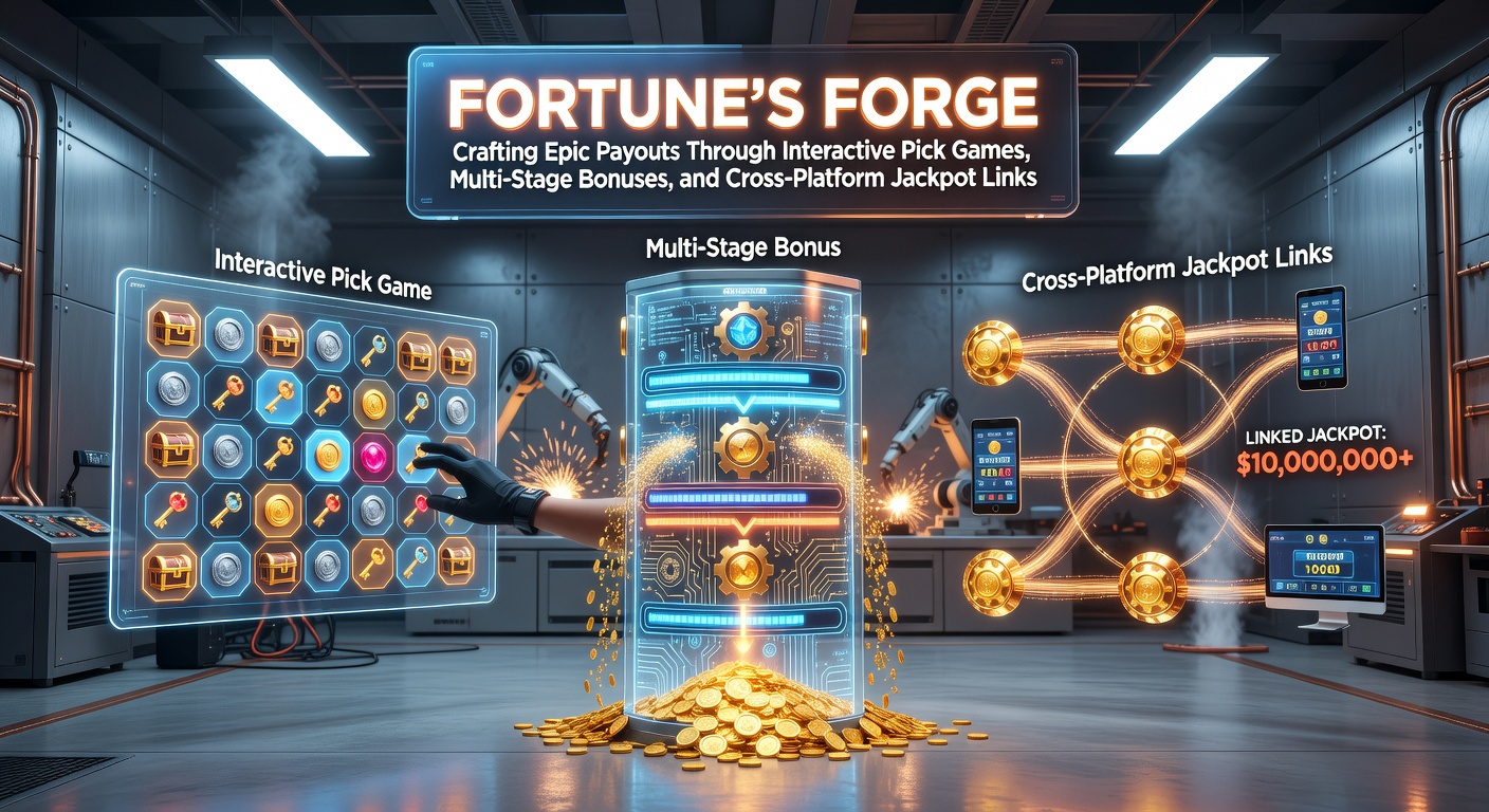 Vibrant slot game interface showing a fiery forge with glowing pick objects, multi-level bonus wheels, and interconnected jackpot meters across devices
