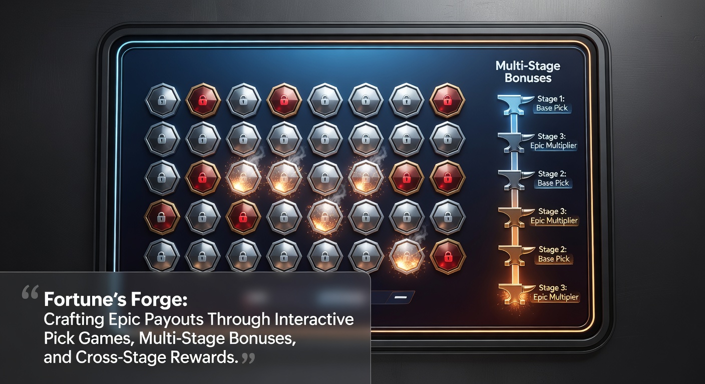 Dynamic multi-stage bonus screen with progressing levels, from pick selections to spinning wheels and overflowing jackpot links on mobile and desktop views