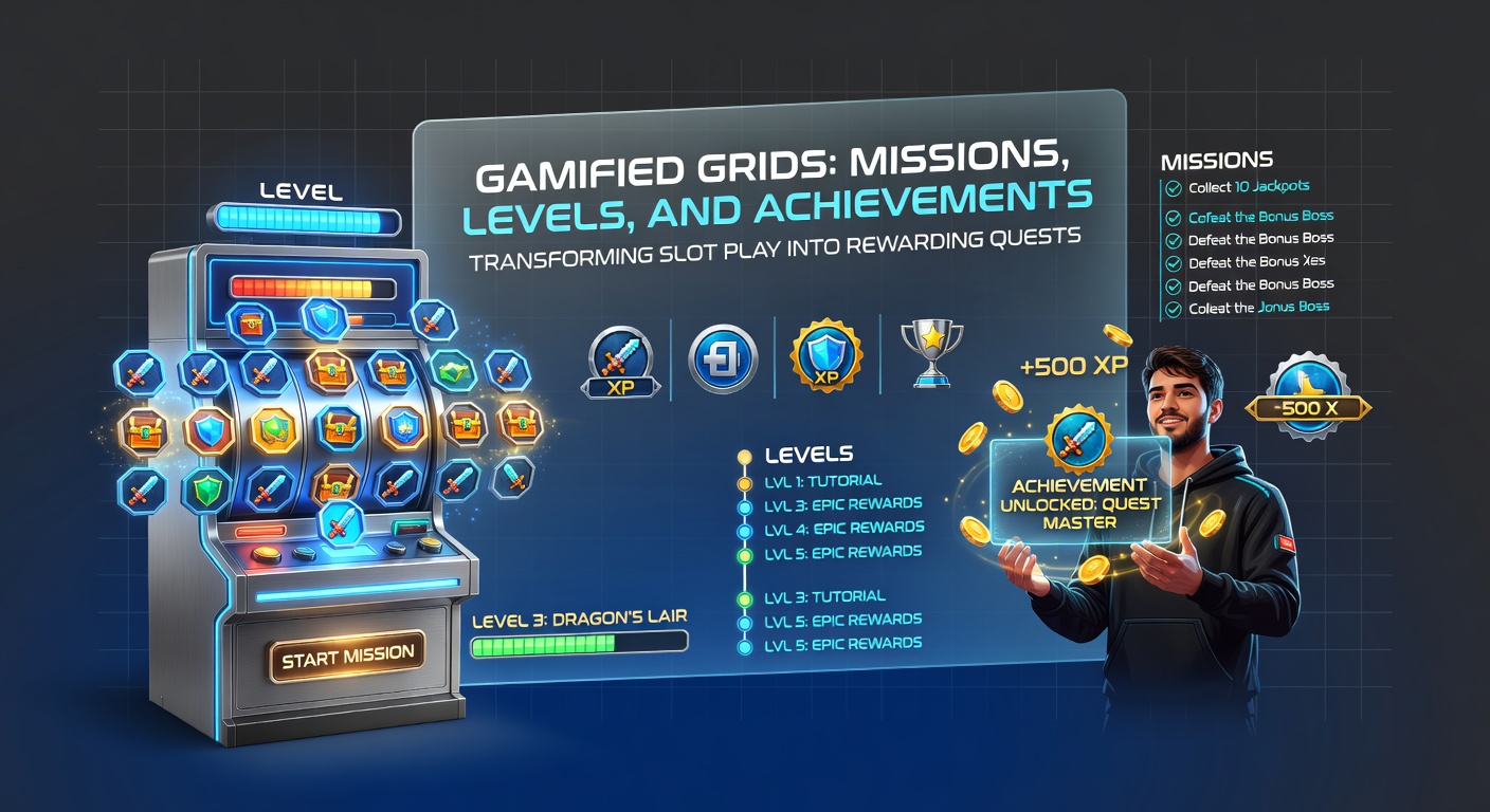 Vibrant slot grid displaying mission progress bars, level-up notifications, and achievement badges amid spinning reels and quest-themed icons