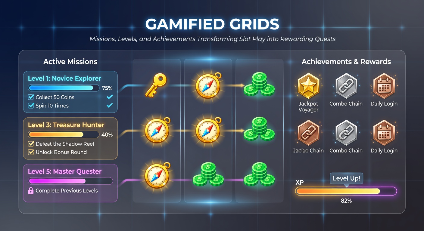 Close-up of achievement unlocked screen on a gamified slot, featuring gold badges, level progression ladder, and mission completion rewards glowing against a quest map background