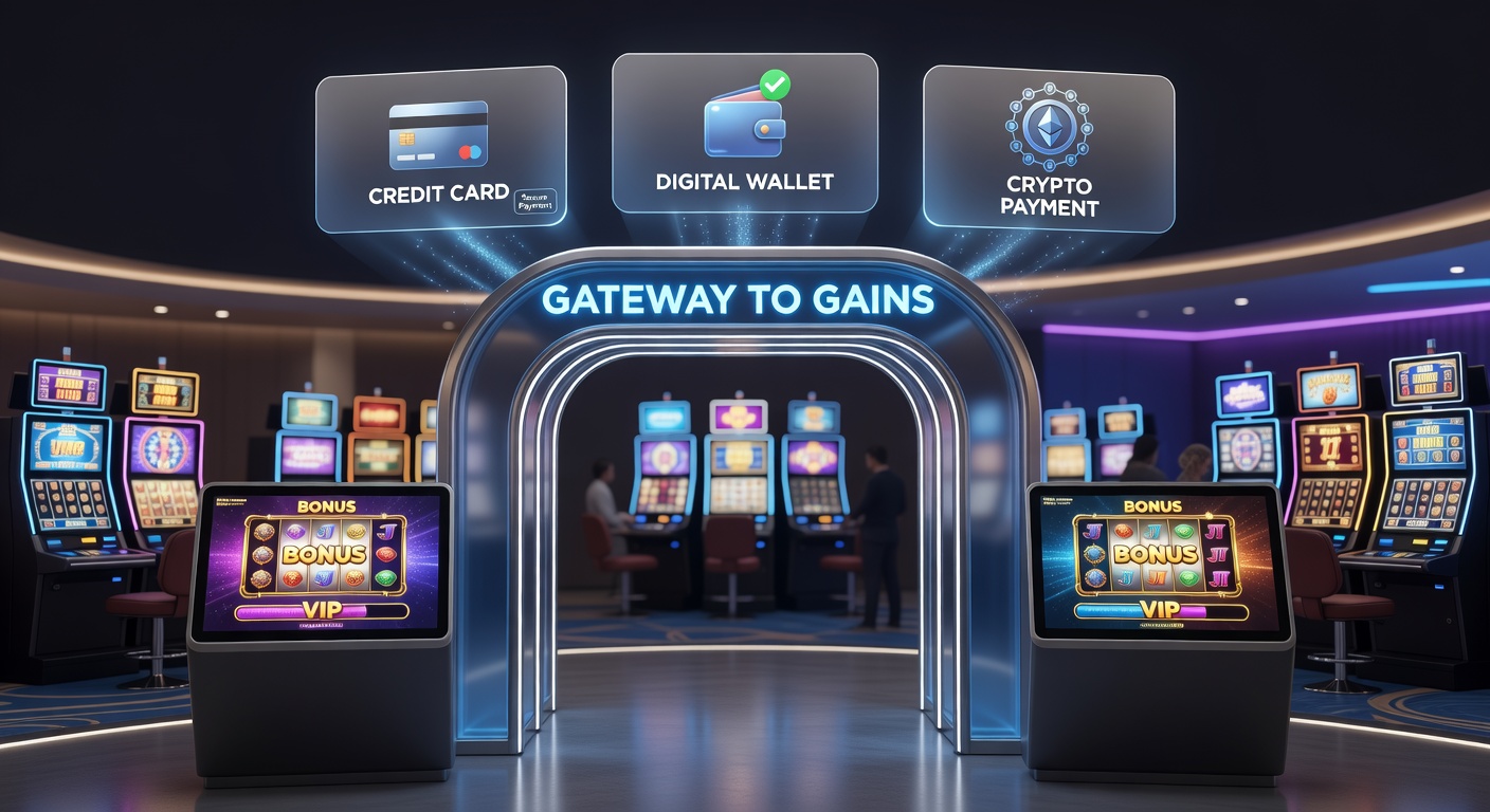 Digital gateway illustration featuring payment icons unlocking slot machine bonuses and ascending VIP ladders in a vibrant casino interface