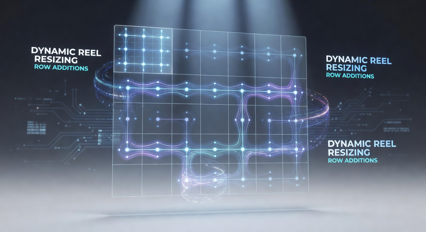 Screenshot of a slot game mid-morph, showing reels expanding from 5x3 to 8x6 with glowing row additions and cascading symbols