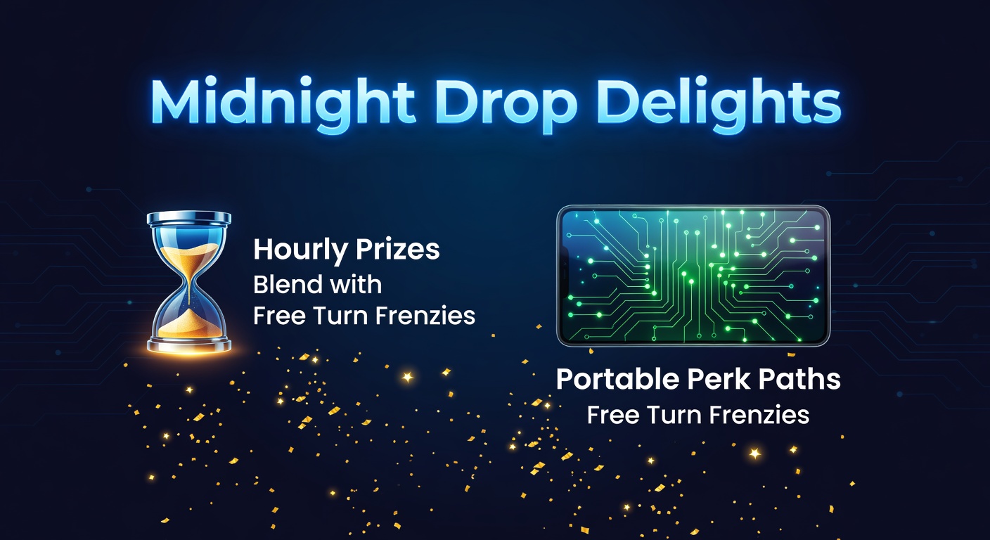 Dynamic illustration of glowing hourly prize drops cascading over midnight-themed slot reels with free spin icons and mobile perk trails