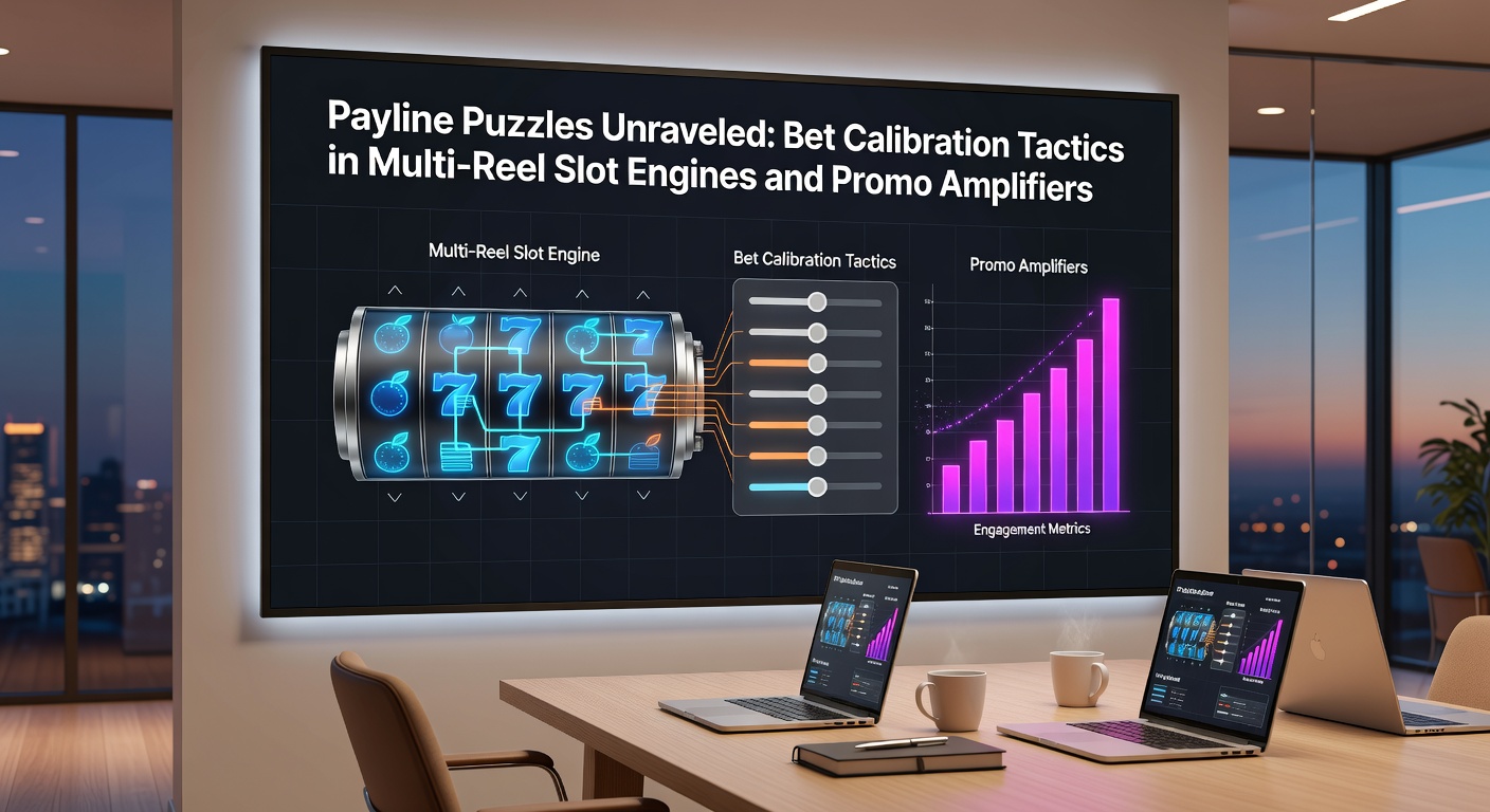 Close-up of slot interface with bet calibration sliders, payline selector active on multi-reel grid, and promo amplifier icons pulsing with multiplier effects