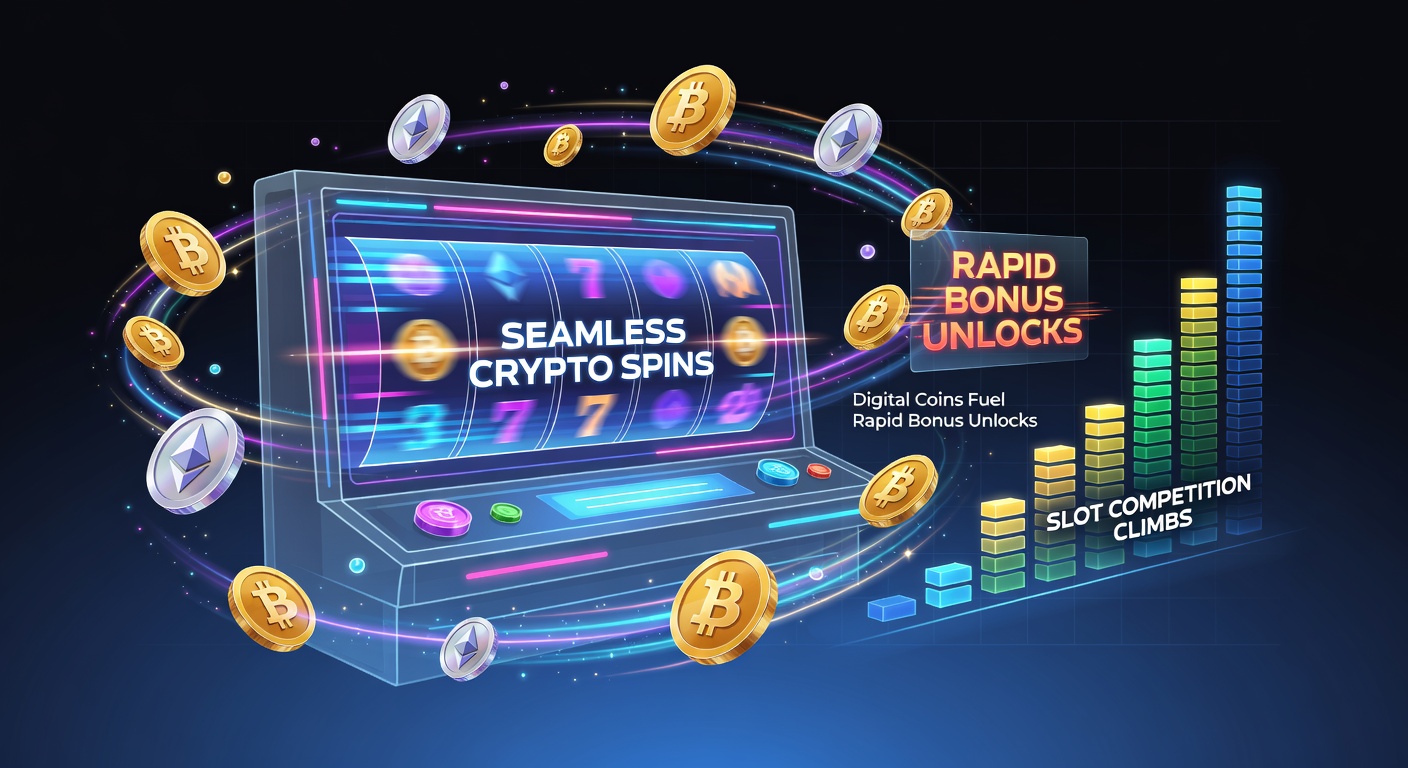 Vibrant digital slot reels spinning with cryptocurrency icons overlayed, symbolizing fast-paced crypto-integrated gaming action