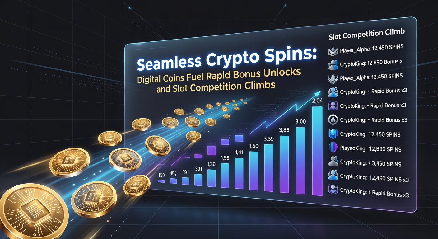Animated graphic of a cryptocurrency wallet unlocking bonus symbols on slot reels, with climbing competition graphs in the background