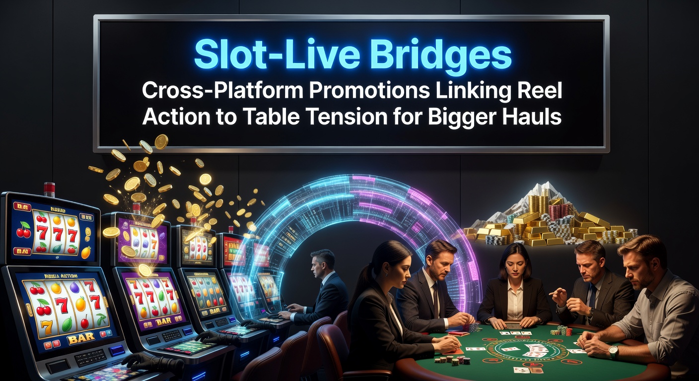 Vibrant screenshot of a slot-live bridge promotion interface showing interconnected reels and live dealer tables with shared bonus meters and cross-platform leaderboards