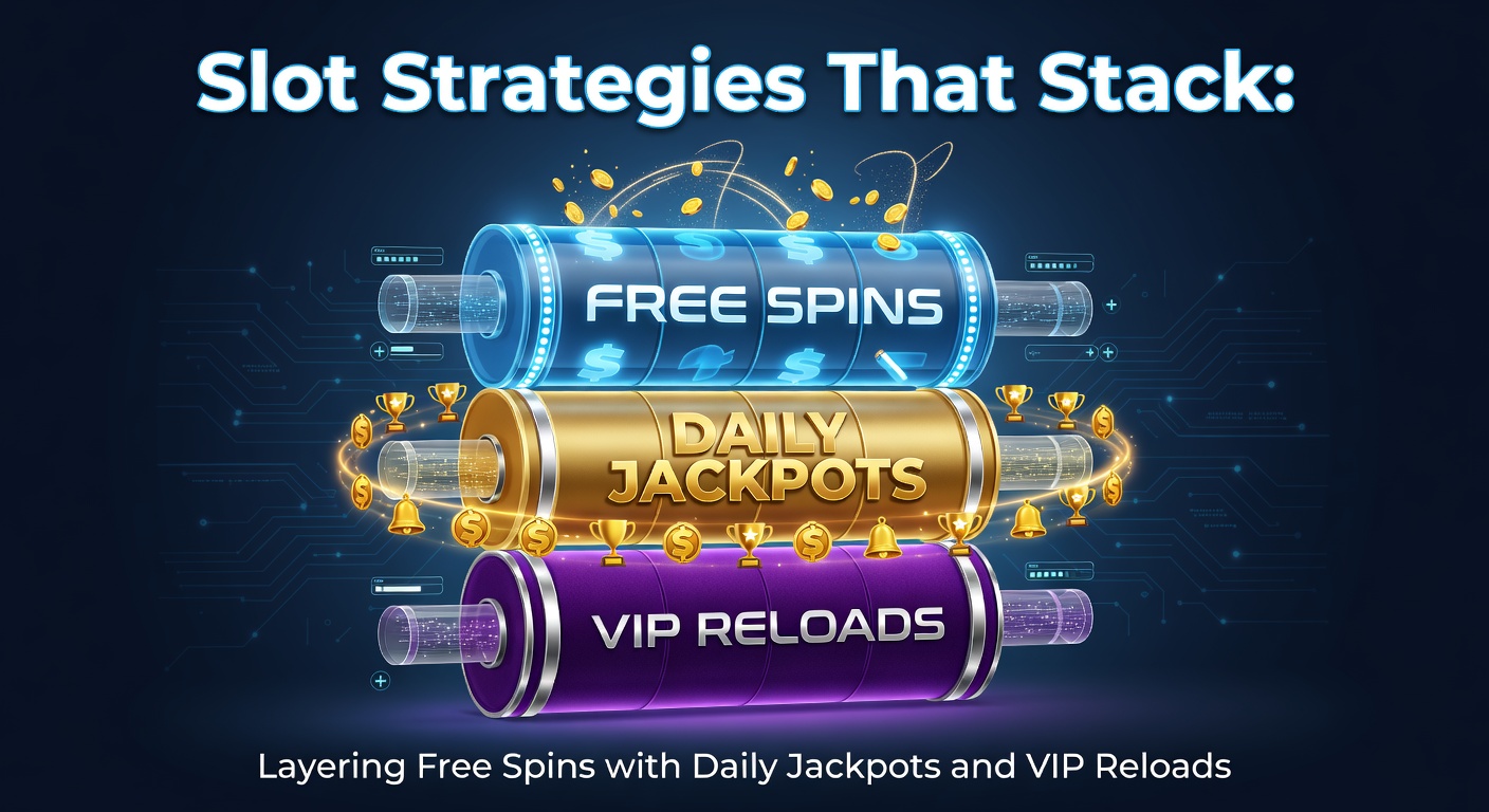 Vibrant graphic showing stacked slot promotions including free spins cascading into daily jackpots alongside VIP reload bonuses