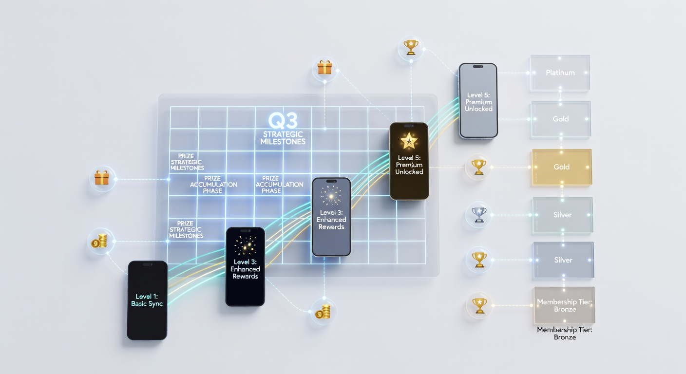 Smartphone screen displaying a calendar-based event interface with prize meters and membership level indicators in a mobile gaming application