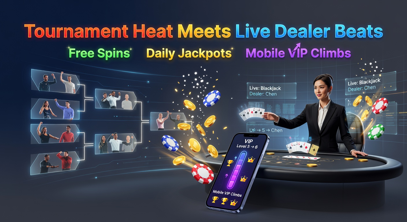 Dynamic online casino scene showing slot tournament leaderboards alongside live dealer tables buzzing with action, free spins icons, jackpot counters ticking down, and mobile screens displaying VIP ladders